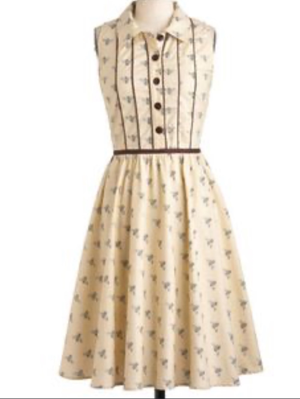 Retrolicious Cream Bee-Print Sleeveless Dress with Brown Trim